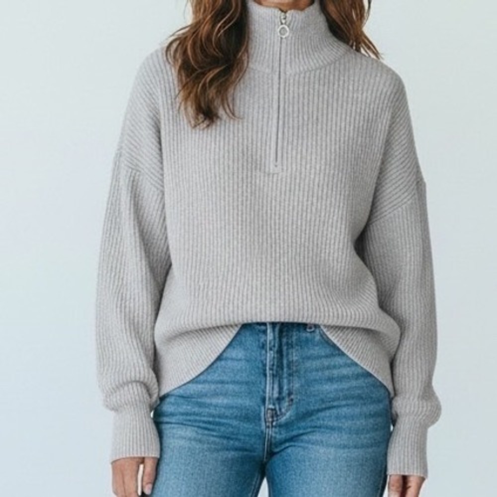 EFAN boxy oversized‎ Quarter Zip Mock new Ribbed Sweater Women's Medium Gray